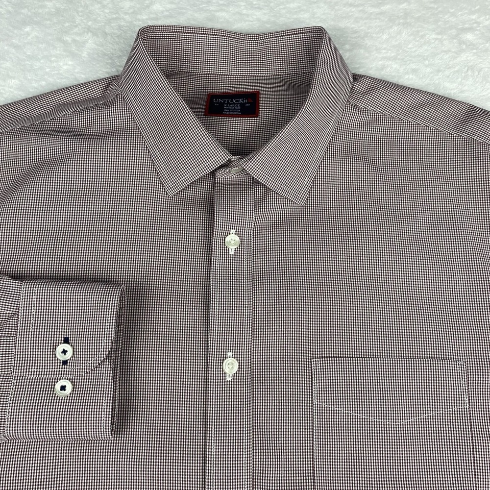 UNTUCKit Shirt Mens XL Maroon Checks Wrinkle Free 100% Cotton